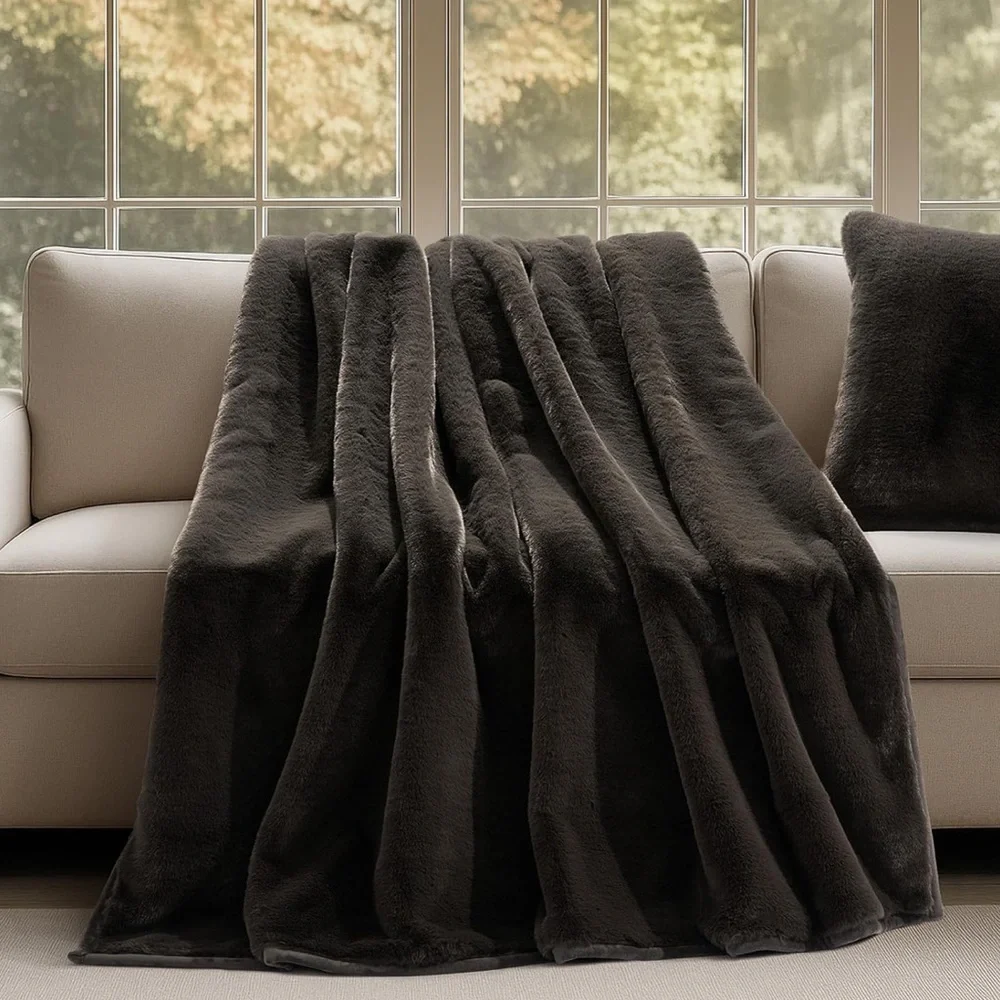 🆕 PB Style Dark Brown Faux Mink Rabbit Fur Throw Velvet Backing XL Quilt Bed